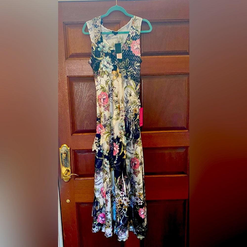 Komarov Lace Floral Pleated VNeck Sleeveless Asymmetrical Ruffle Dress NWT Med